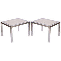 Pair of Chrome Side Tables with Travertine Tops