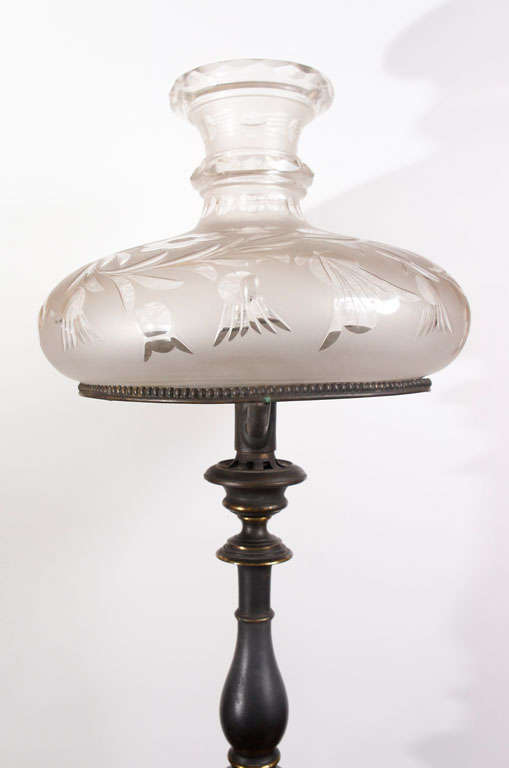 A Period Bronze Astral Oil Lamp with Cut Glass Shade In Excellent Condition In Hudson, NY