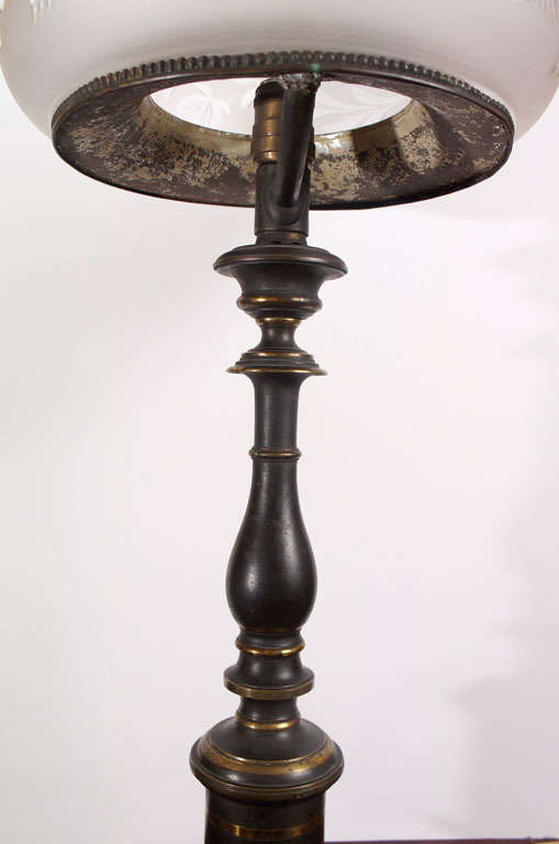 20th Century A Period Bronze Astral Oil Lamp with Cut Glass Shade