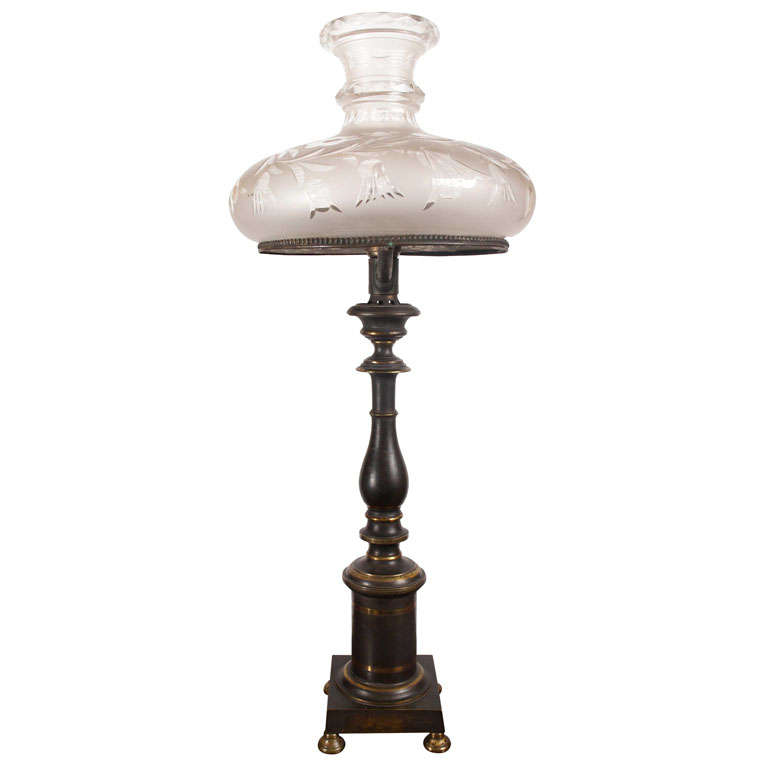 A Period Bronze Astral Oil Lamp with Cut Glass Shade