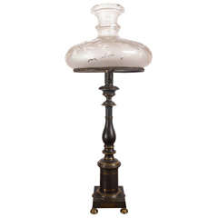 A Period Bronze Astral Oil Lamp with Cut Glass Shade