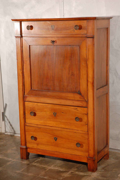 A very nice desk, being upright in design, probably Italian, circa the third quarter of the 19th century. The paneled front drops down for writing and gives access to the interior and the enclosed assortment of drawers and display areas. Made of