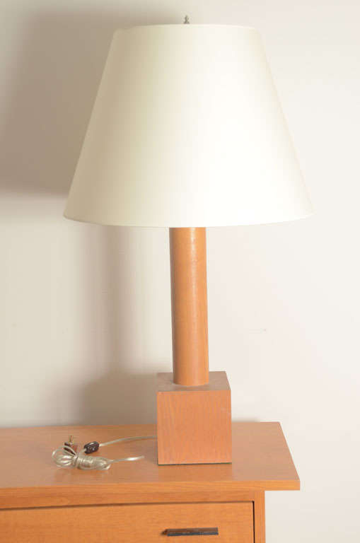 Vintage Wooden Table Lamp with Block Base, c. 20th Century. 

Sharp, good-looking table lamp consists of a block base and cylindrical body in a light wood with charming vintage patina. 

Light has been newly rewired and is in great condition. 