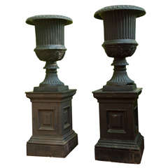 Monumental Pair of Cast-iron Garden Urns on Pedestals