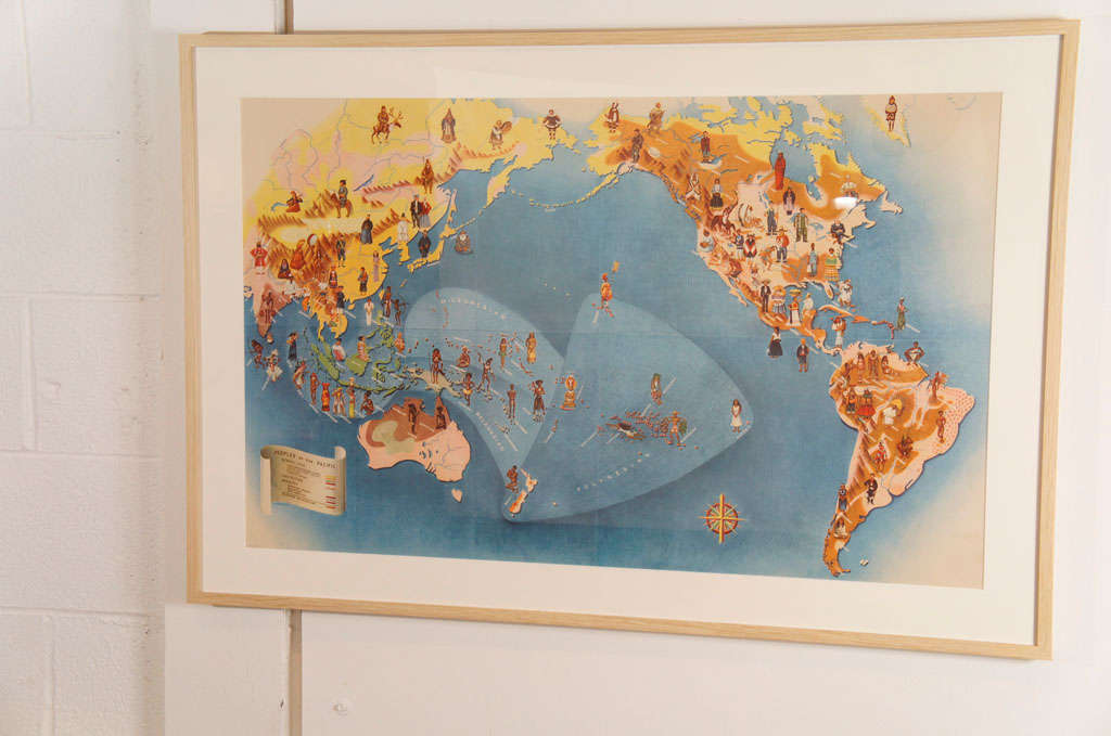 Here is a beautiful set of four Pacific map lithographs of murals painted by the artist Miguel Covarrubias in 1939 for the California Exposition. Each map depicts various subject matter.
The artist is also well known for his Vanity Fair covers.