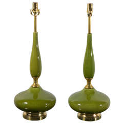 Vintage Pair Mid-Century Green and Brass Genie Bottle Lamps