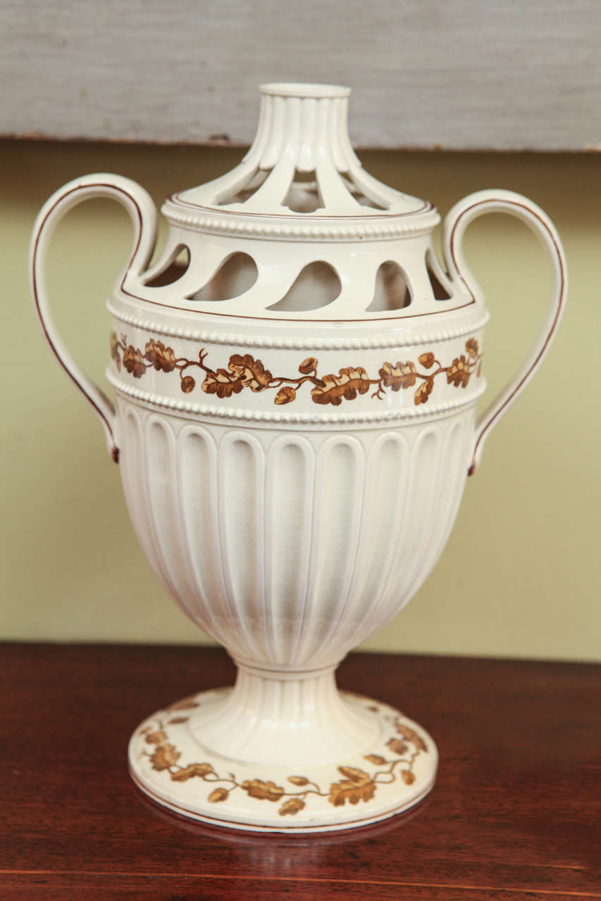 This Wedgwood Creamware Two-part Potpourri Vase is decorated decorated with Bands of Painted Oak Leaves and Acorns, c. 1800