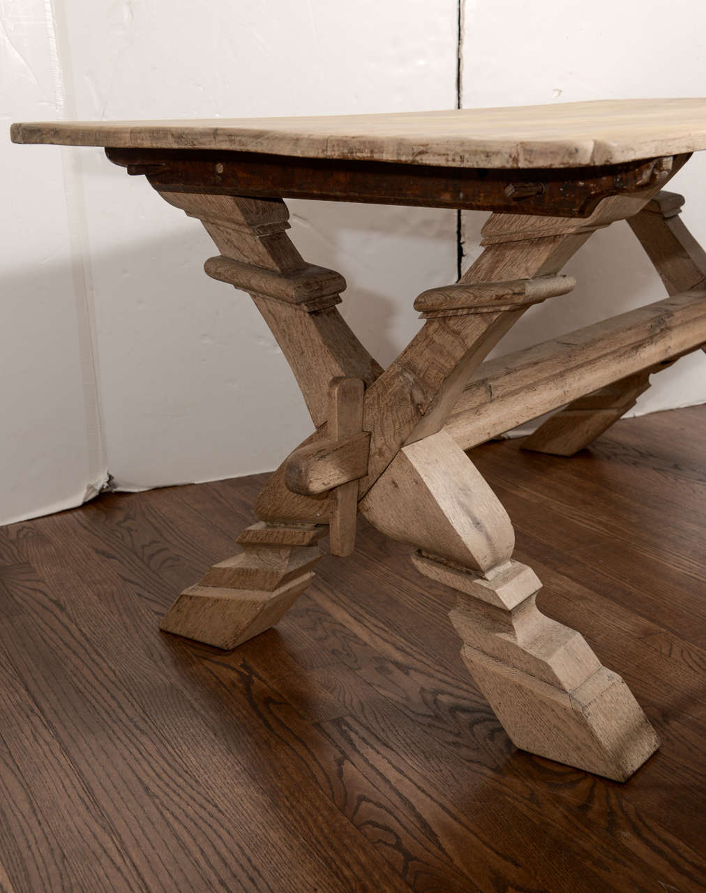 19th c. Bleached Oak Belgian Trestle Table For Sale 1