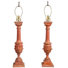 Pair Of Carved Wood, Coral Stained Table Lamps Circa 1930