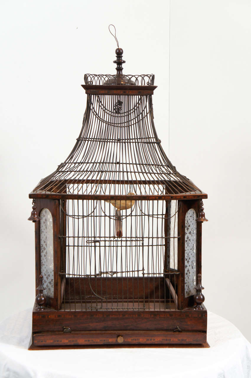 19th c. French Rosewood with inlayed decoration birdcage with etched glass corners, wire construction with turned wood finials and bells. circa 1870 - 80
