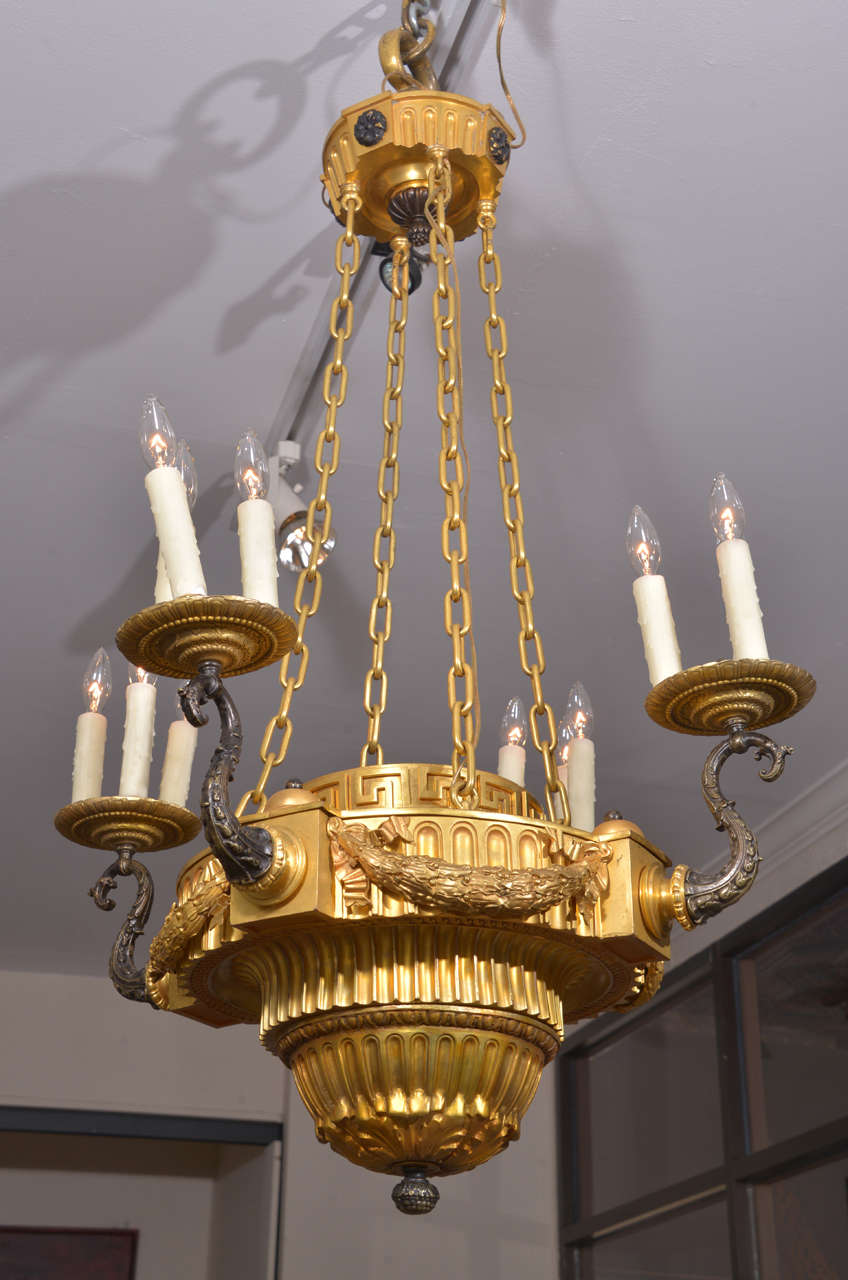 19th c Empire bronze dore and patinated bronze chandelier