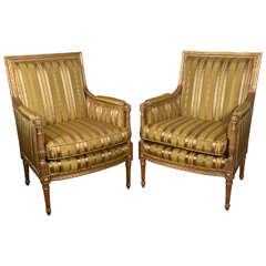 Pair of 19th Century Louis XVI Carved and Gilded Bergeres