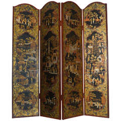 19th c  English leather  screen with Chinoisserie decoration