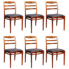 Set of 6 Solid Rosewood Black Leather Dining Chairs