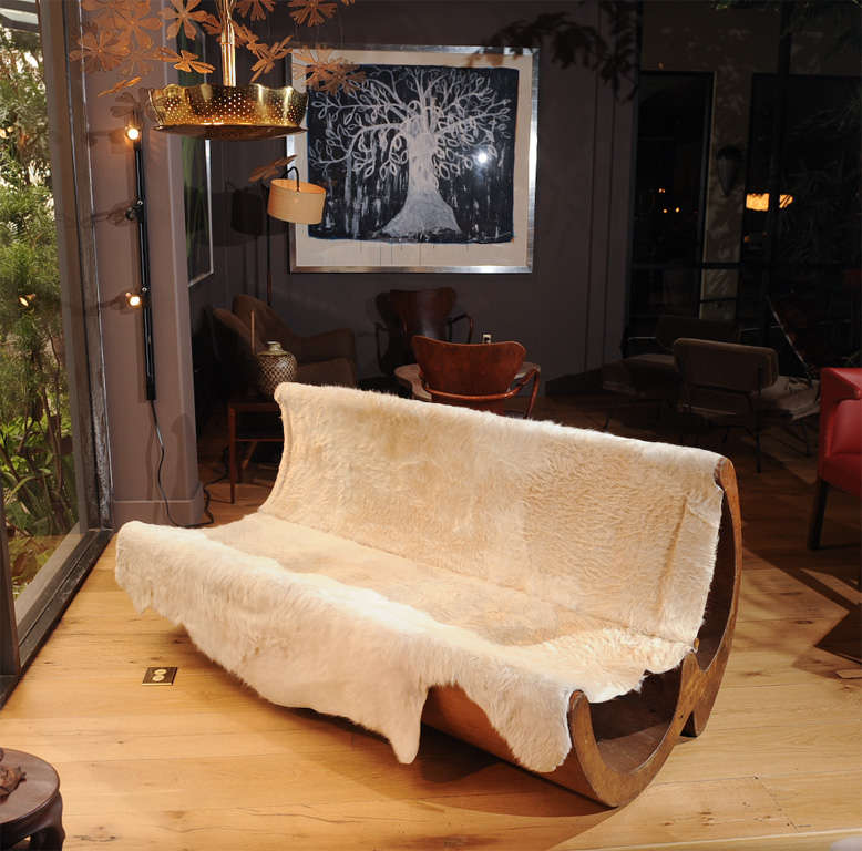 Wood and hide bench made in Brazil, side branded with 