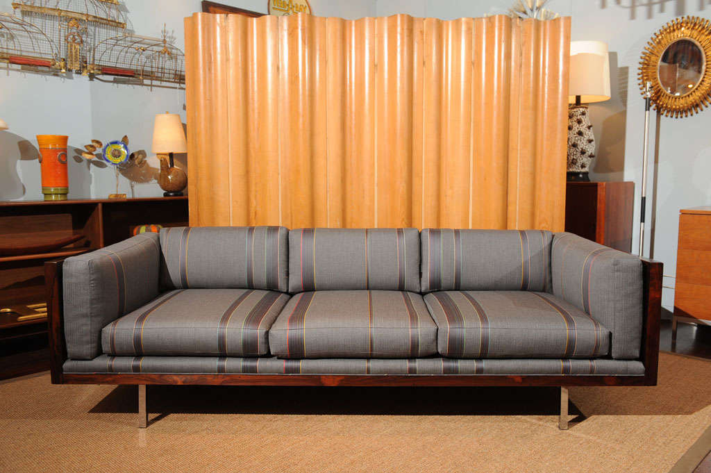 Milo Baughman design rosewood sofa upholstered in Paul Smith fabric, completely restored.