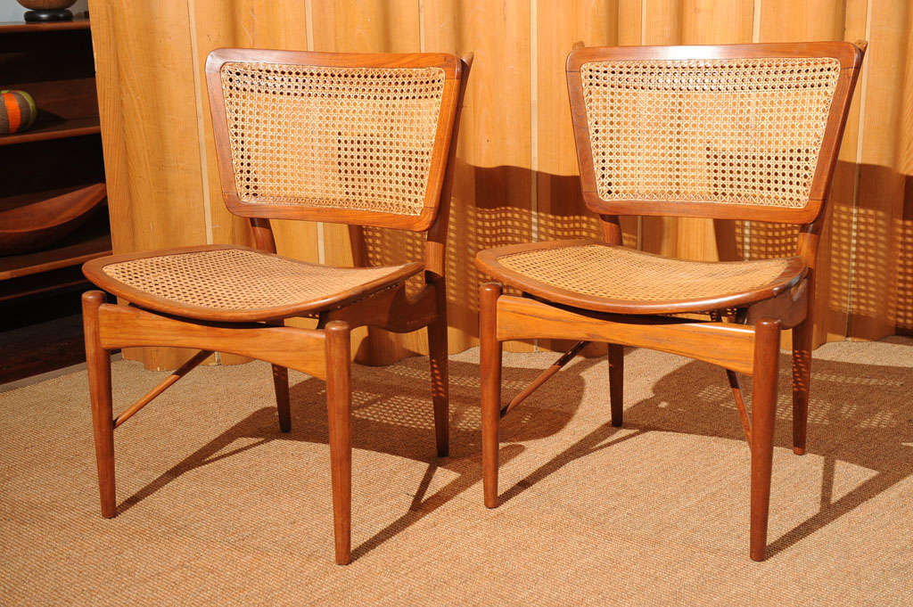 Finn Juhl design pull up chairs for Baker, new cane and completely restored.