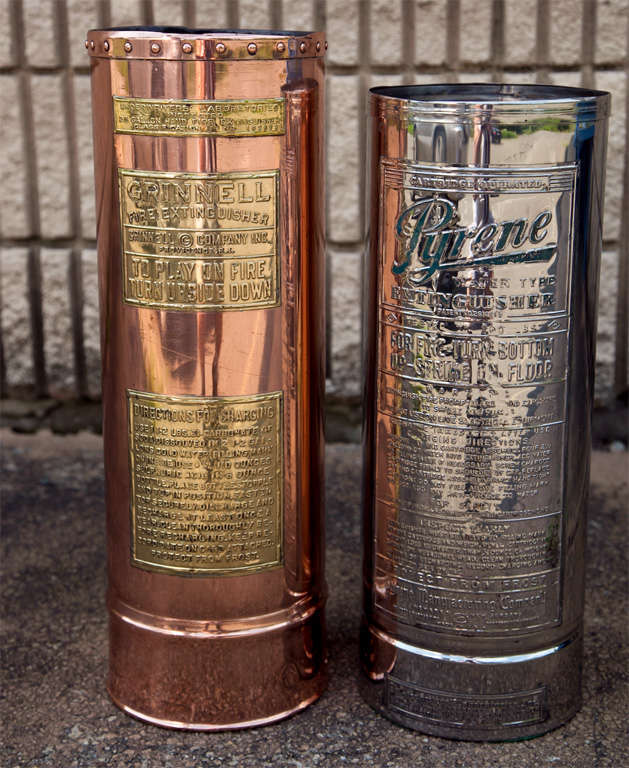 UNIQUE ITEM- SOLD SEPARATELY- ONE CHROME AND ONE COPPER--FIRE
EXTINGUISHER CONTAINERS STRIPPED OF INTERIOR AND HIGHLY POLISHED BOTH INSIDE AND OUTSIDE- MANUFACTURED BY PYRENE