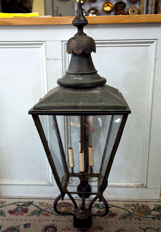 OUTDOOR GAS LANTERNS - EARLY 19TH CENTURY- THAT HAVE BEEN CONVERTED INTO 4 LIGHT ELECTRIC LIGHTS- MADE IN  LONDON, ENGLAND
BY W.PARKENSON- METAL LABEL ON LANTERNS