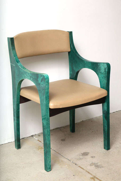 Two 1960s exceptional bridge chairs by Aldo Tura, covered in green green parchment, and with beige leather upholstery. Two Pair available.