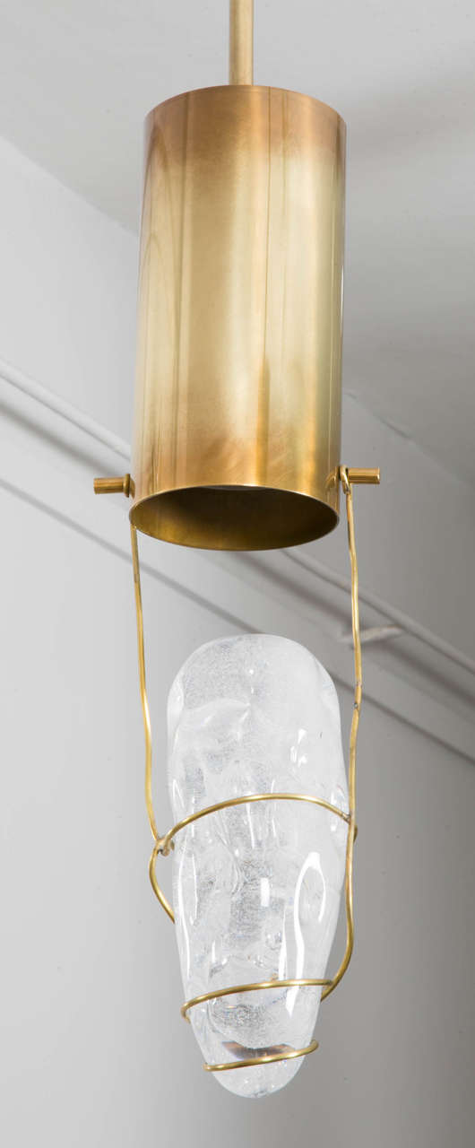 Italian Pair of Angelo Brotto Brass and Glass Ceiling Fixtures