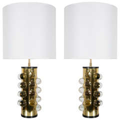 Pair of Cylindrical Brass Lamps by Papagni, Italy circa 2000