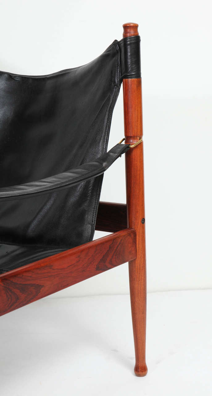 Brass Danish Rosewood and Black Leather Armchair by Erik Worts
