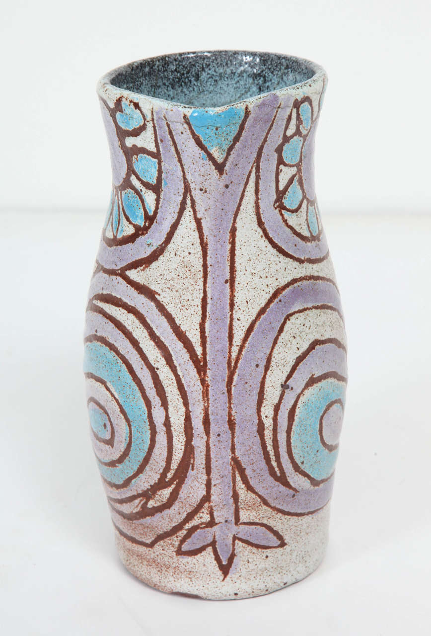 1950s French Multicolor Pottery Pitcher by Accolay In Excellent Condition In New York, NY
