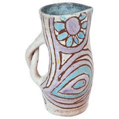 1950s French Multicolor Pottery Pitcher by Accolay