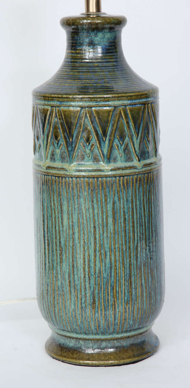 Brass Danish Modern Blue and Green Glazed Ceramic Lamps