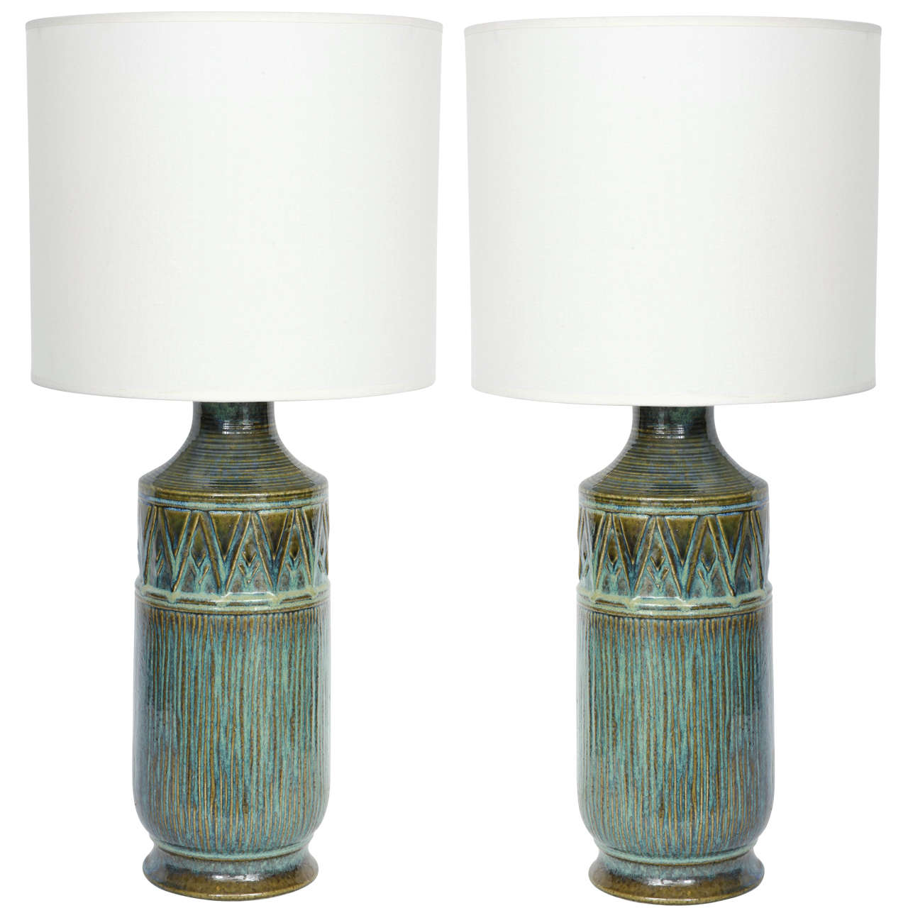 Danish Modern Blue and Green Glazed Ceramic Lamps