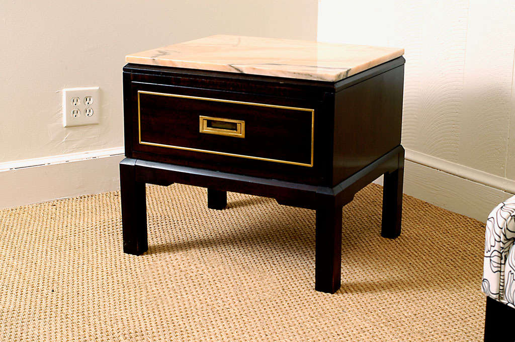 Pair of chinese modern mahogany nightstands with marble tops by American of Martinsville.