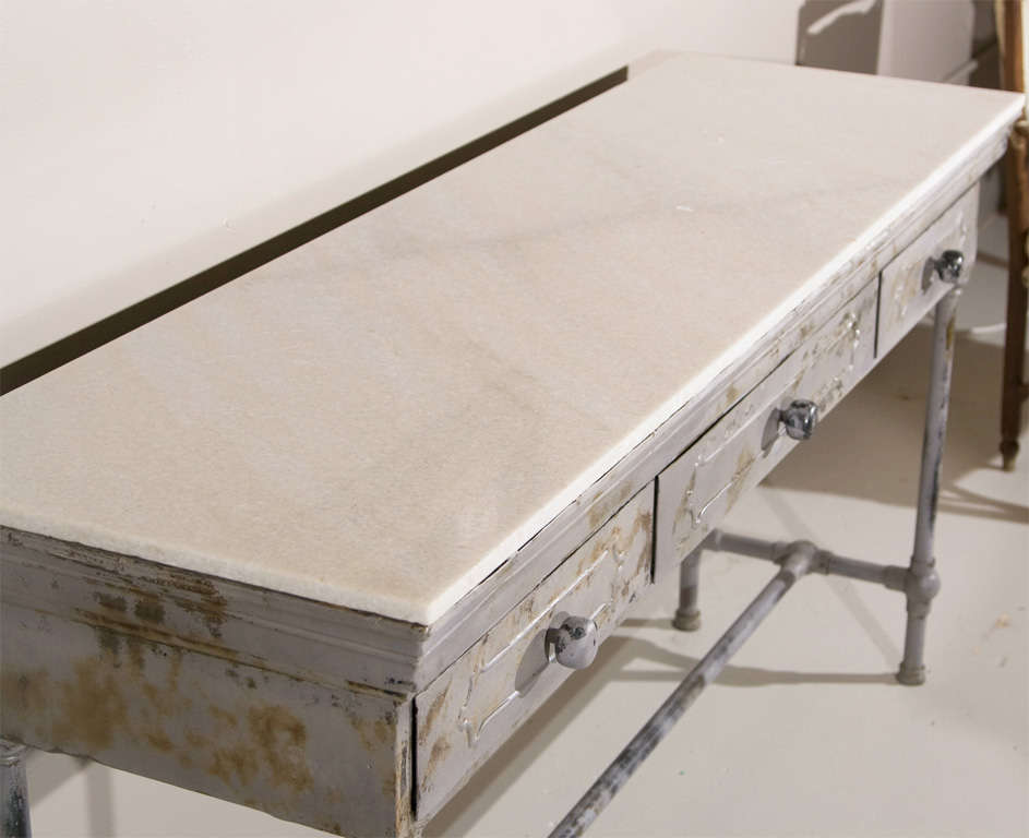 20th Century Industrial Marble Top Metal Console Table
