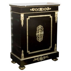 French Empire Style Ebonized and Bronze Ormolu-Mounted Cabinet White Marble Top 