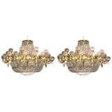 Pair of Crystal and Brass Palace Sized Chandeliers