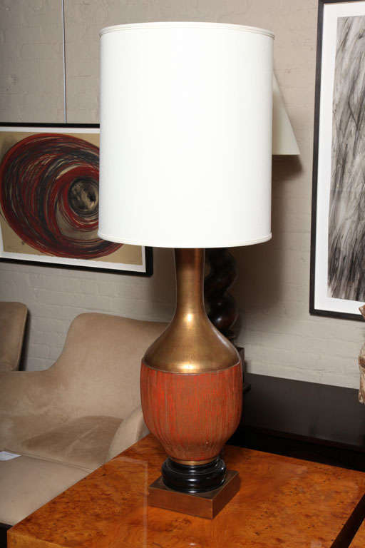Pair of Brass and Orange Glazed Ceramic Lamps, circa 1960