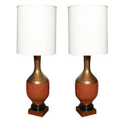 Pair of Brass and Orange Glazed Ceramic Lamps, circa 1960