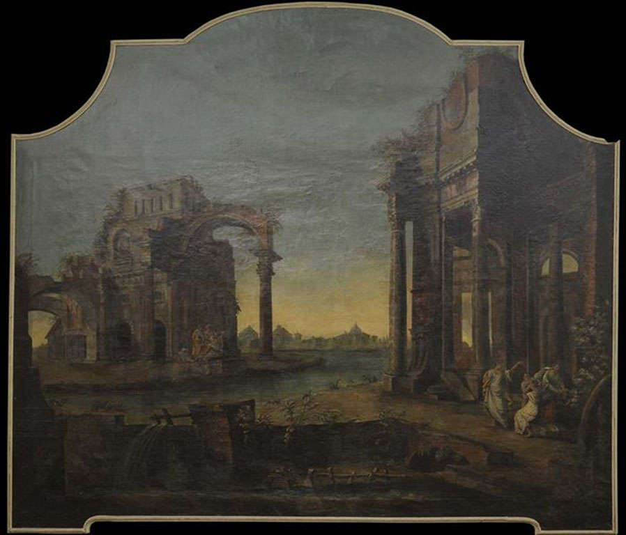 This very large painting features as its main element ancient ruins, but also contains the bucolic elements and rusticated features so often associated with the sophisticated lives of the landed nobility of the period. The original 18th century