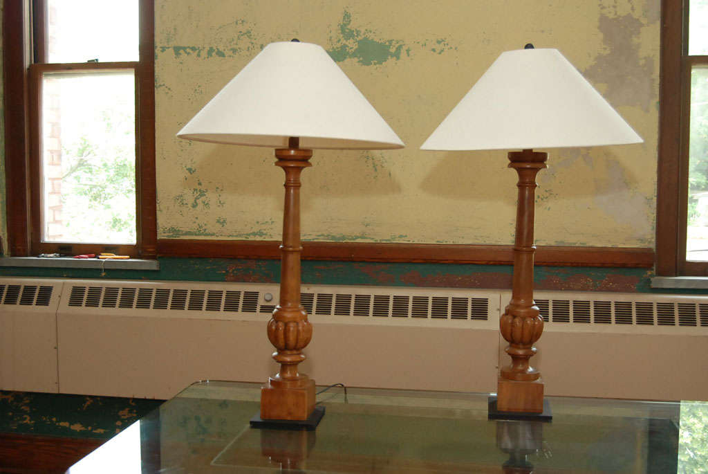 Philippine Pair Tall Carved Wood Lamps For Sale