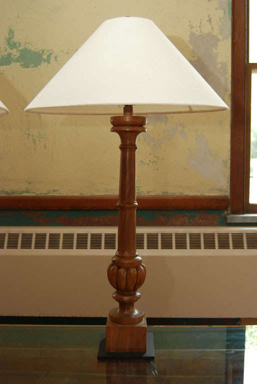 Pair Tall Carved Wood Lamps In Good Condition For Sale In Hudson, NY