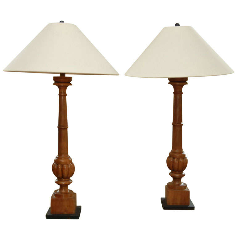 Pair Tall Carved Wood Lamps