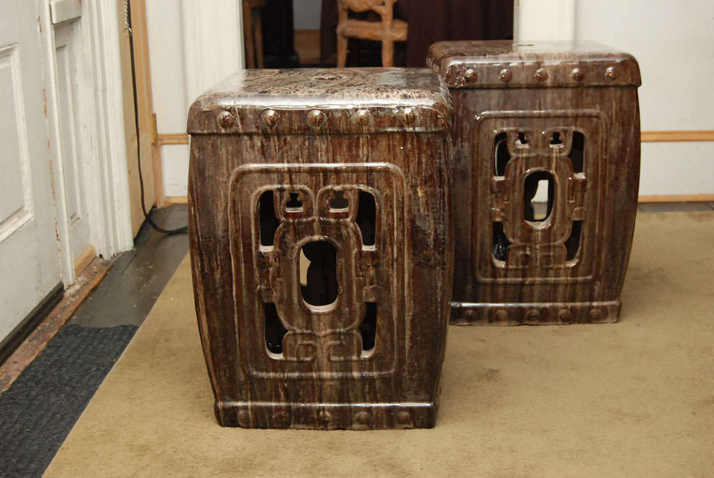 Pair Vintage Glazed Terra Cotta Garden Seats
