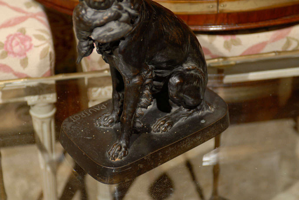 18th Century and Earlier French Bronze Hunting Dog With Duck Marked F. Pautrot