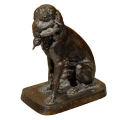 French Bronze Hunting Dog With Duck Marked F. Pautrot