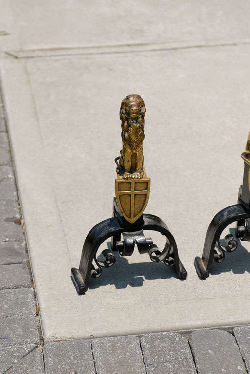 Pair of English Cast Bronze and Iron Lion Andirons with Crest, circa 1900 In Good Condition For Sale In Atlanta, GA