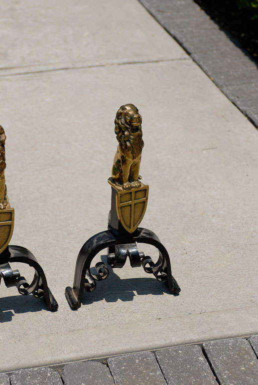 19th Century Pair of English Cast Bronze and Iron Lion Andirons with Crest, circa 1900 For Sale