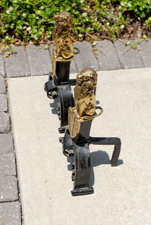 Pair of English Cast Bronze and Iron Lion Andirons with Crest, circa 1900 For Sale 1