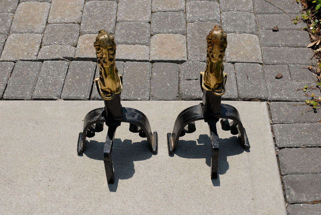 Pair of English Cast Bronze and Iron Lion Andirons with Crest, circa 1900 For Sale 2