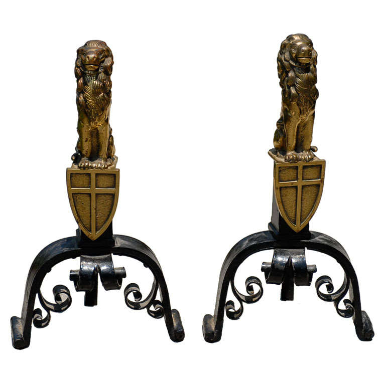 Pair of English Cast Bronze and Iron Lion Andirons with Crest, circa 1900 For Sale