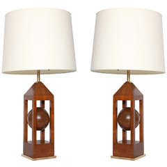 Pair of 1930s Architectural Wood and Brass Table Lamps 11